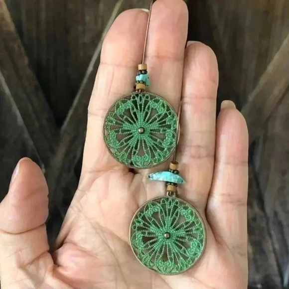 Round Patina Copper Filigree Beaded Earrings NWT - Picture 1 of 3